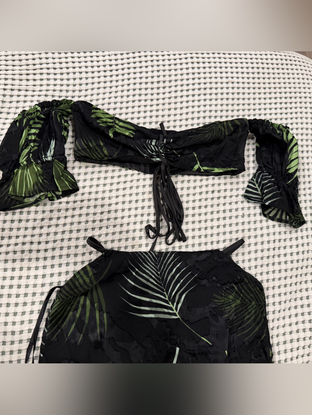 Camila Coelho Black two piece set with Green Tropical Leaf Print